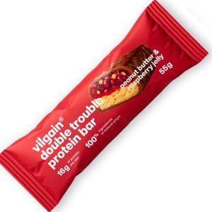 Vilgain Double Trouble Protein Bar ⁠–⁠ Proteinske ploščice, sladkane s stevio - Arašidov namaz & Malina, 5 ploščic